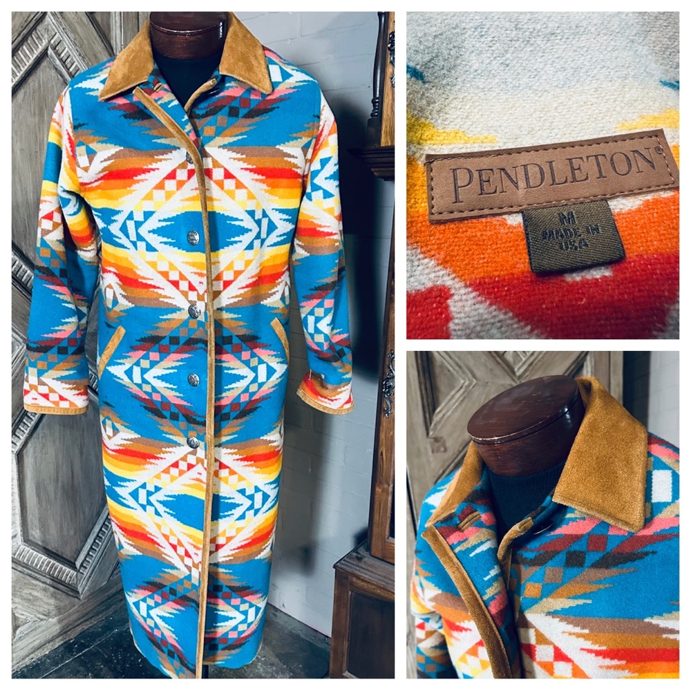 Pendleton Blue / Orange / Cream Southwestern Geometric Pattern Wool Trench Coat